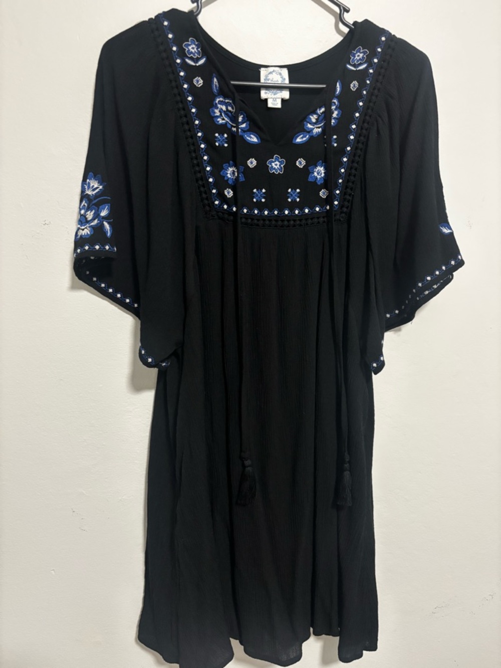 Francesca's Collections Black Dress with Blue Floral Embroidery